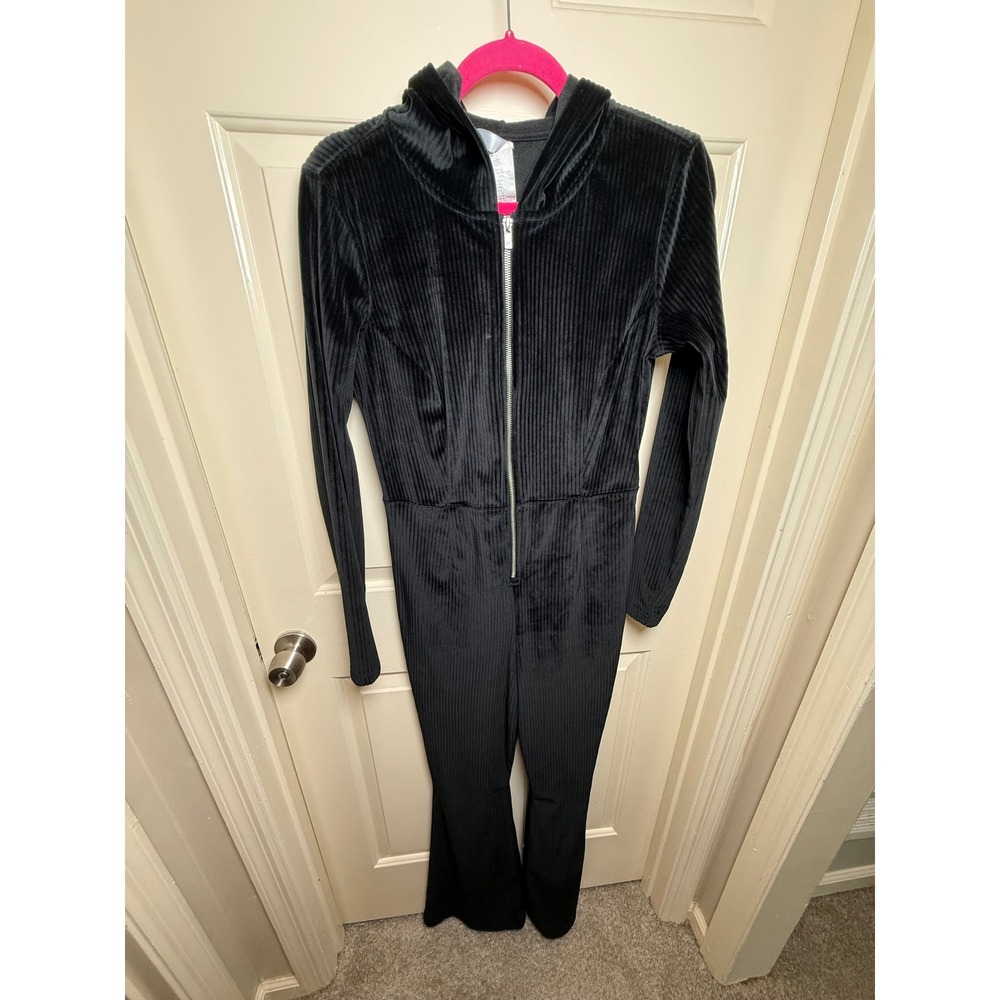 Fabletics Womens Black Ribbed Velour Hooded Zip Front Jumpsuit